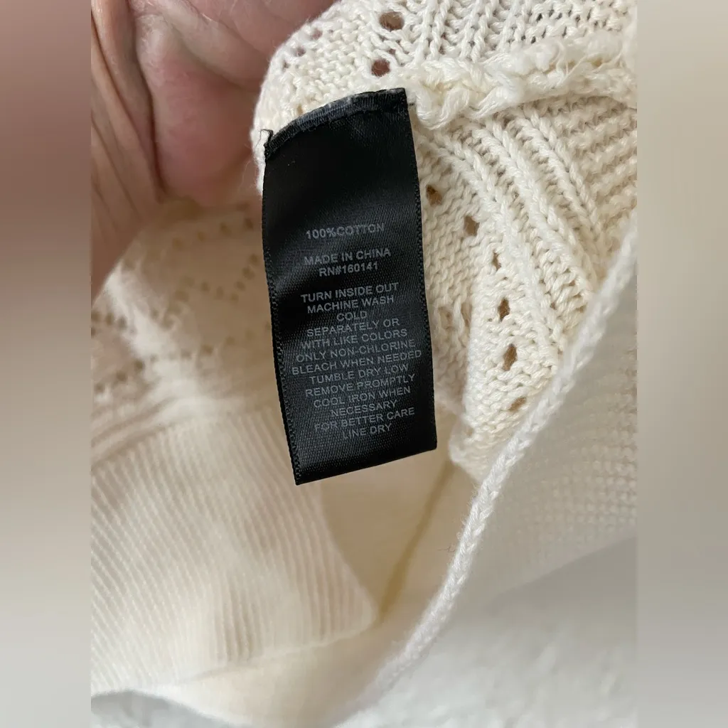 FRYE 100% cotton cream open knit short sleeve, pullover, crew neck sweater; M - Image 5