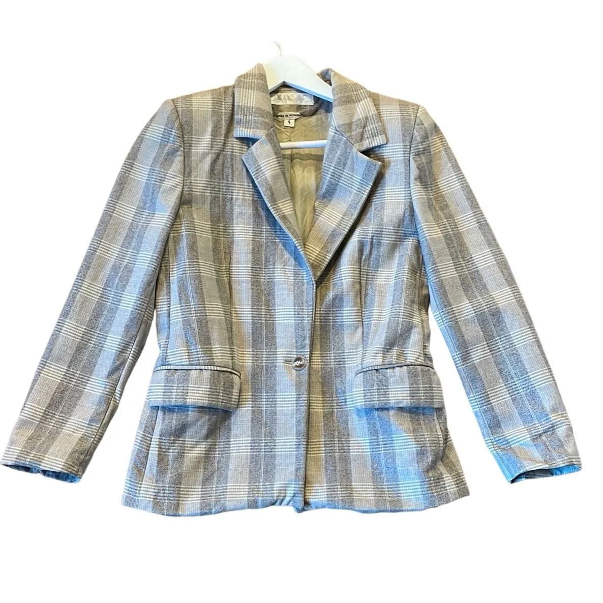 Gloria Vanderbilt vintage 100% wool grey plaid single button blazer - Image 2