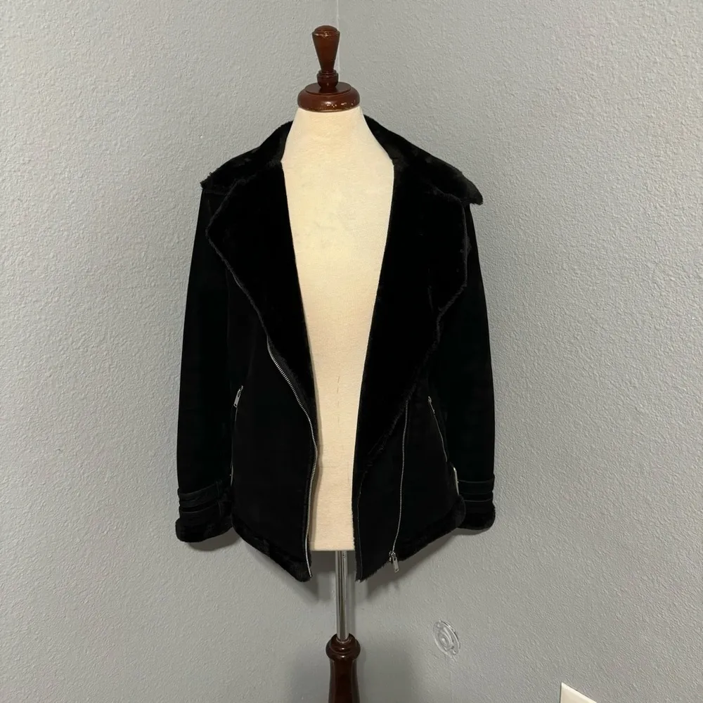 Missguided Women Black Faux Fur‎ Lined Aviator Pilot Cozy Winter Jacket Size 2 - Image 14