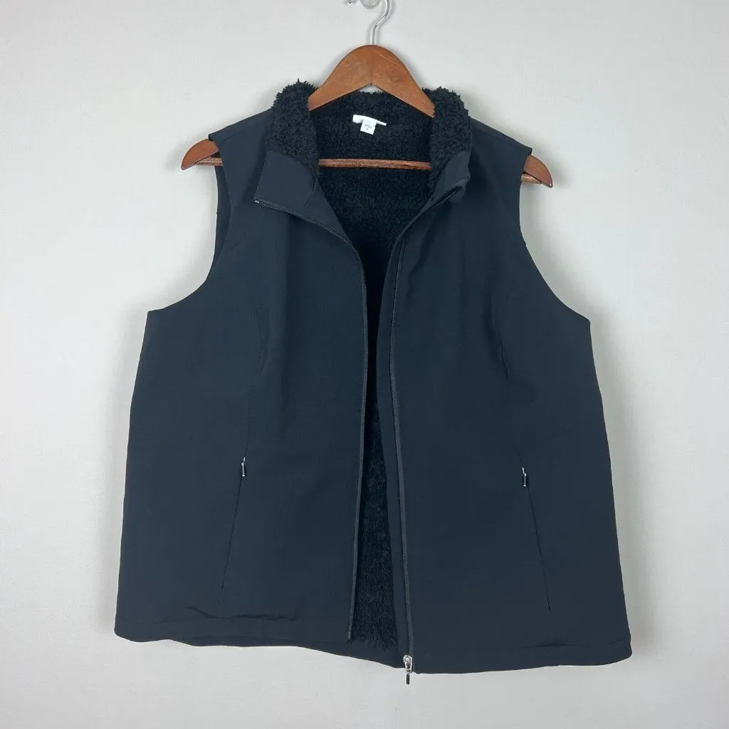 J Jill Fit Vest Women XL Black Faux Fur Sherpa Lined Full Zip Sleeveless Pockets - Image 6