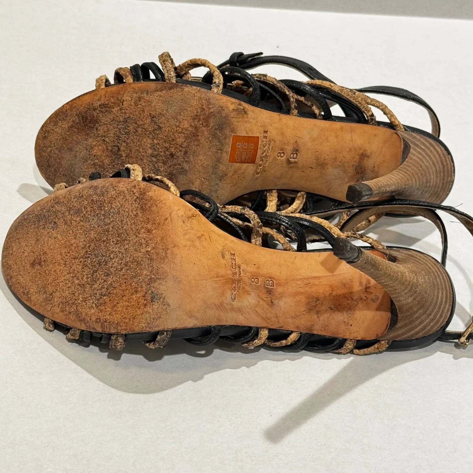 COACH Jody Black Leather Snake Trim Stiletto Heels Sandals Shoes Women's 8 B - Image 7