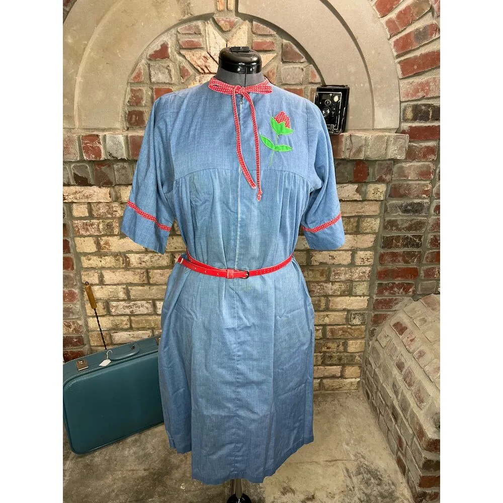 house dress duster Applique flower zip front blue red green rose cottagecore Size L - Image 13