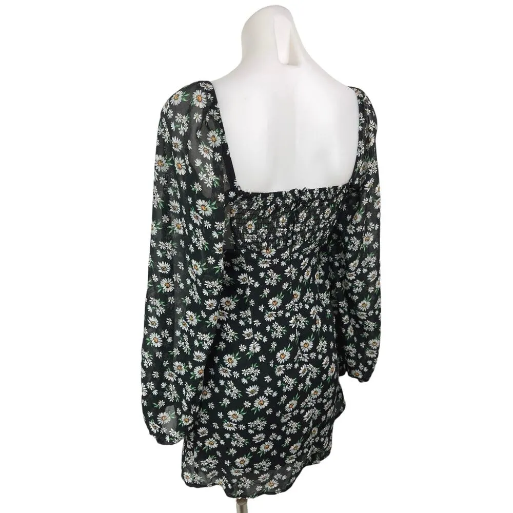 Princess Polly Black Daisy Floral Long Sleeve Mesh Smocked Mini Dress Size 2 - Image 3