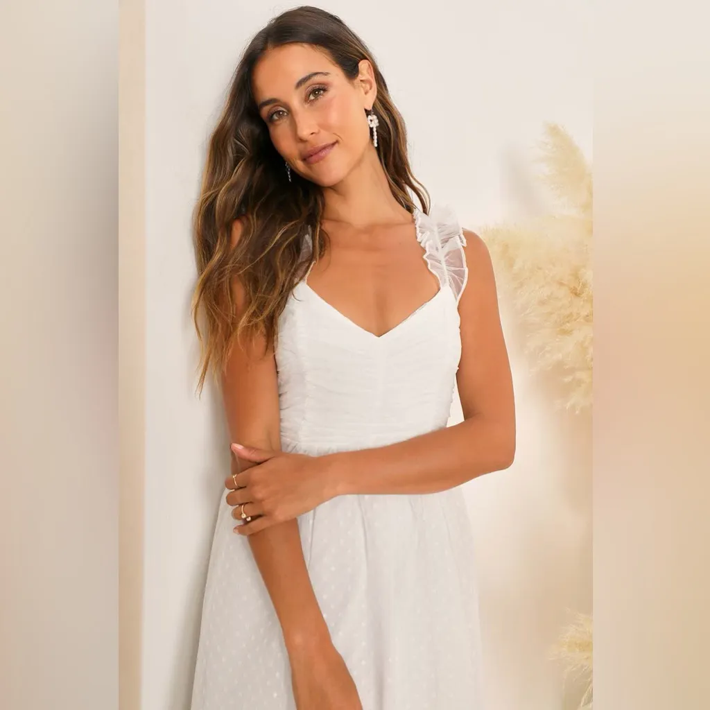 Lulus Forever Celebrated White Swiss Dot Ruched Tulle Midi
Dress - Image 3