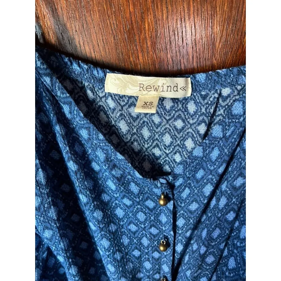 Rayon Sun Dress Womens XS‎ 0 2 Boho V Neck Ruffled Tiered Hem Blue Print Rewind - Image 3