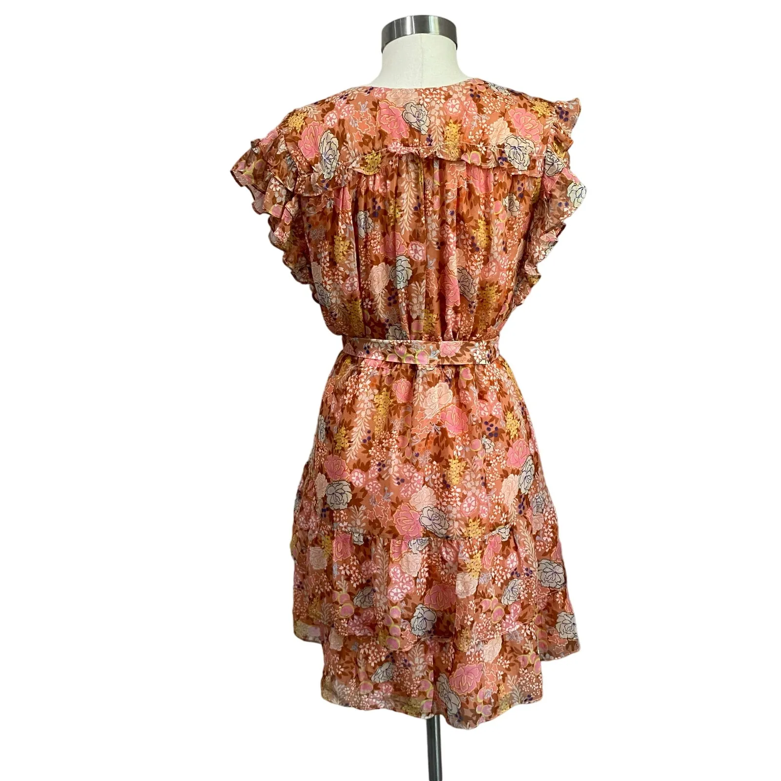 Marie Oliver Thea Silk Floral Mini Dress M Peachy Peonies Belted Ruffle Boho - Image 5