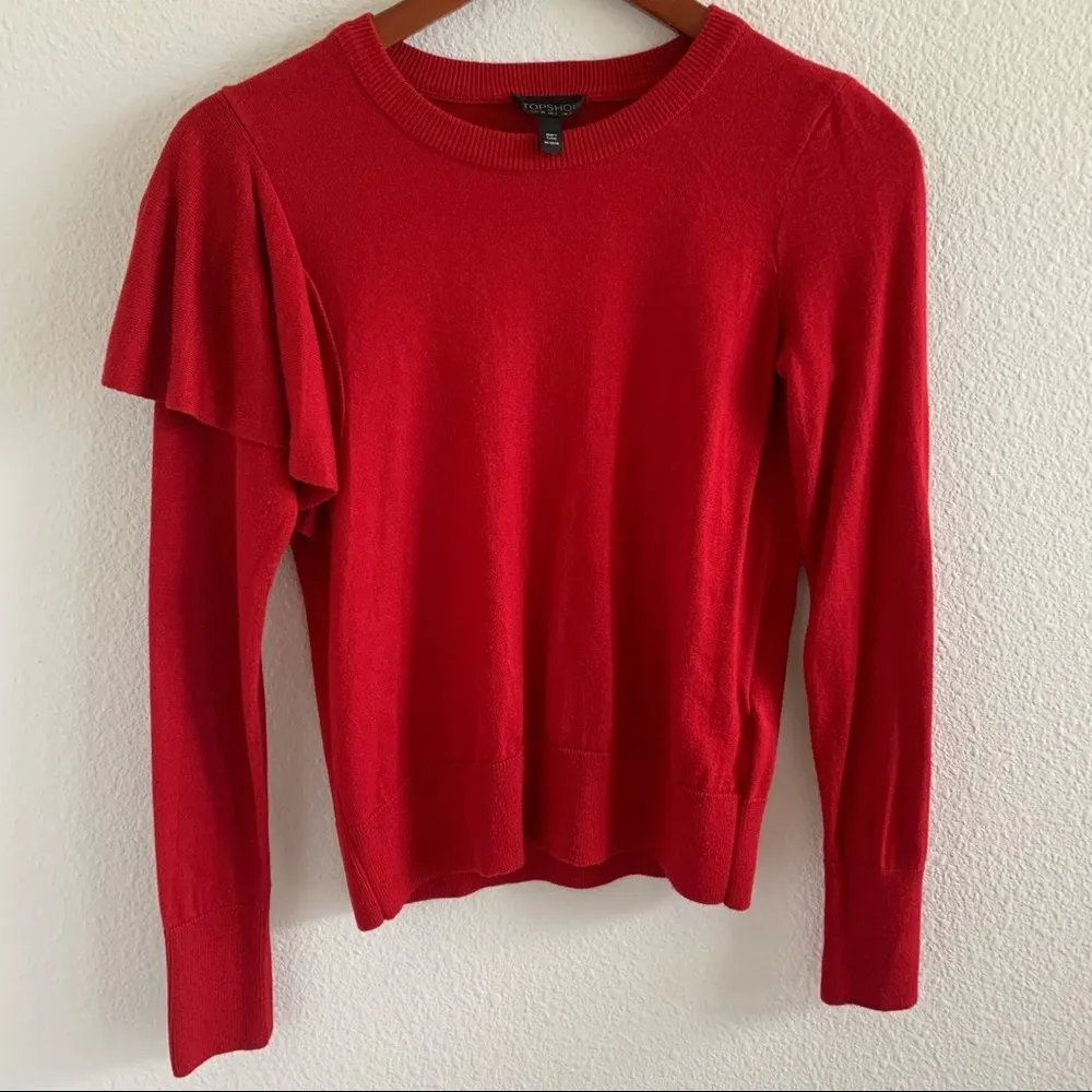 TOPSHOP Red Half Ruffle Sweater Top US 2 - Image 3