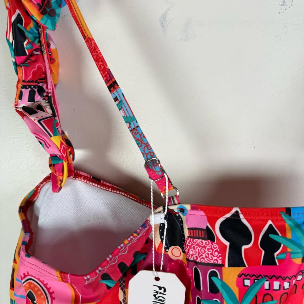 Sportlike Colorful Mediterranean Print One Piece Swimsuit Ruffle Straps Size XL - Image 6