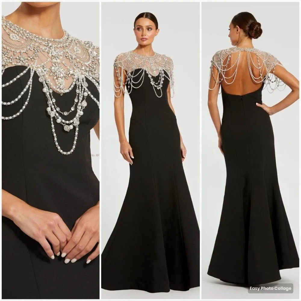 MAC DUGGAL 11775 Black Draped Pearl Beaded Mermaid Gown Dress - Image 3