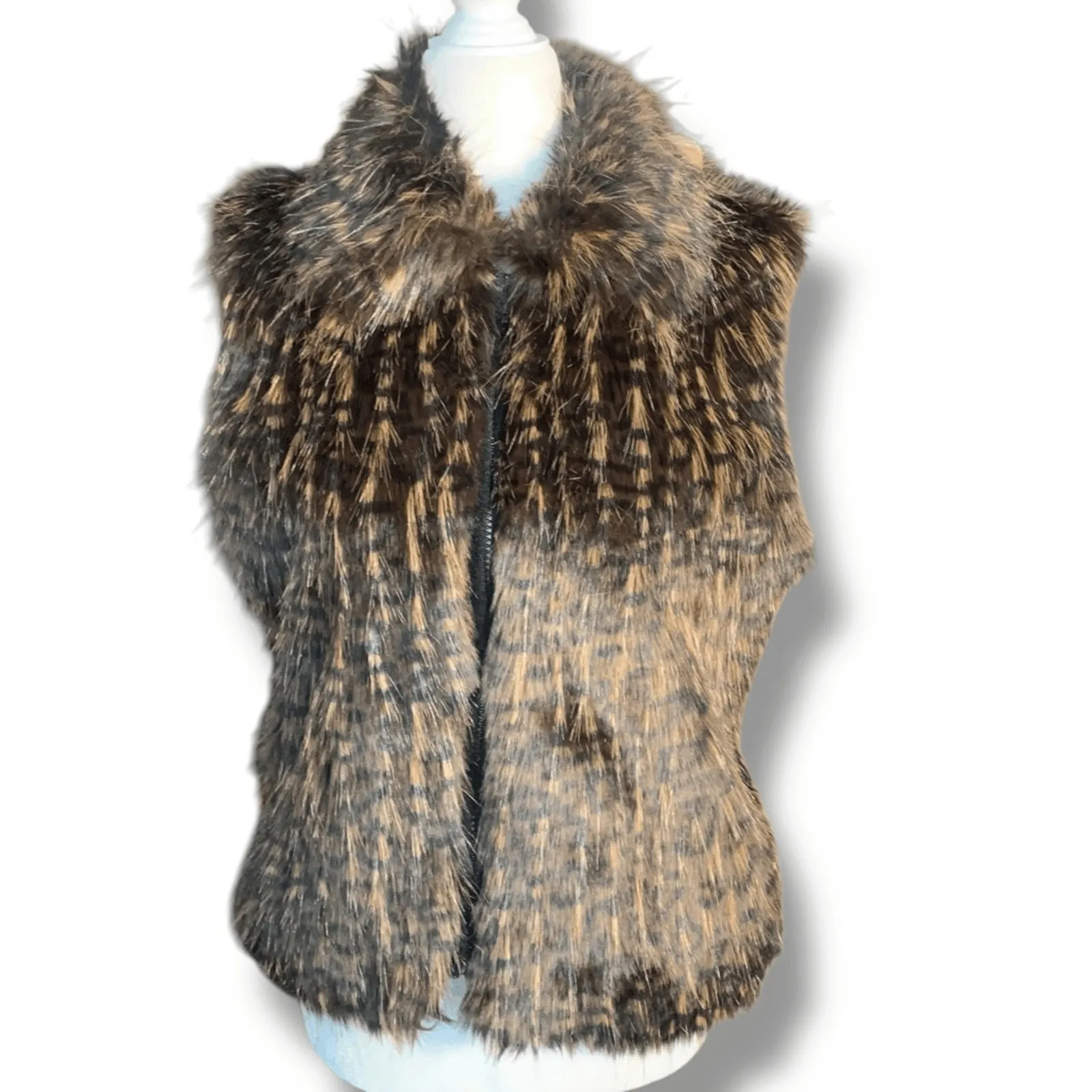 Vintage 90s Faux Fur Vest Brown Black Textured Feathers Small Boho Hippie - Image 4
