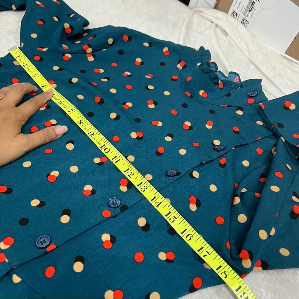 Who What Wear S Mock Neck A-Line Teal/Blue Dot Print Long Sleeve - Image 7