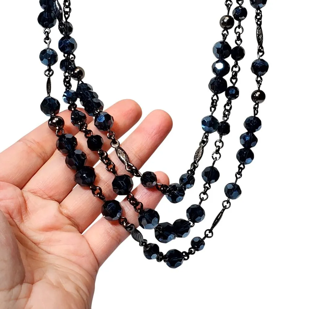 Lia Sophia Midnight Sky Dark Blue Beads AB Triple Strand Necklace 14" - Image 2