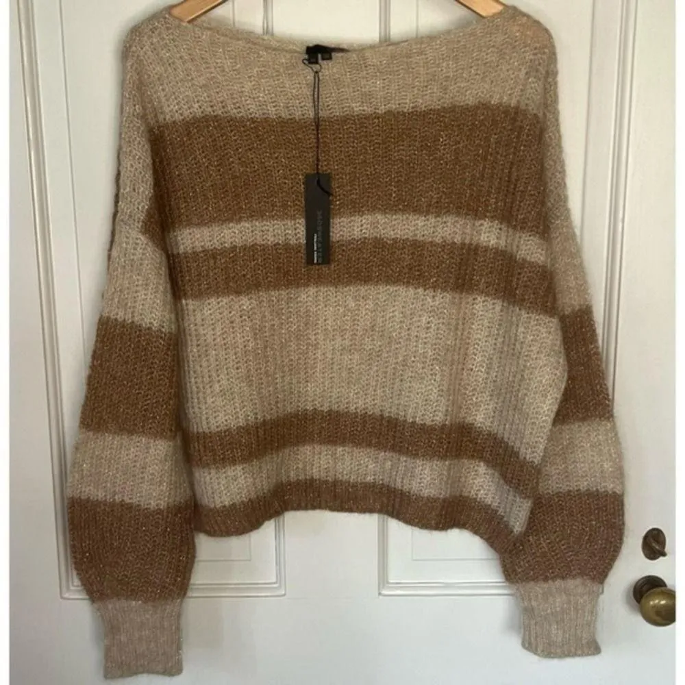 360Sweater Alpaca Blend Tan Gold Metallic Striped Pullover Sweater Size S NWT - Image 2