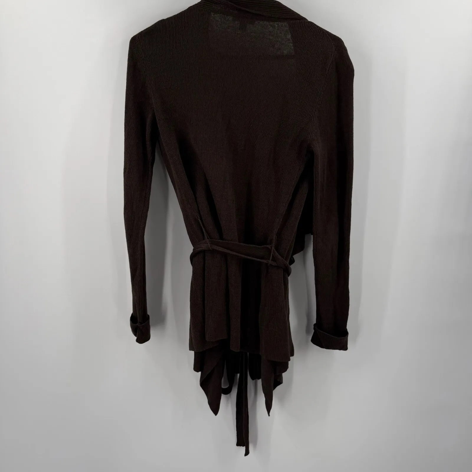 Lafayette 148 Cardigan Size Petite 100% Linen Chocolate Brown Tie Waist Knit - Image 2