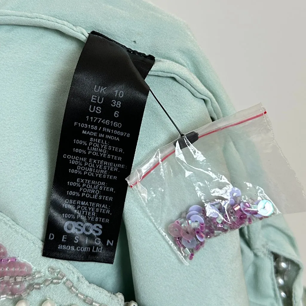 ASOS DESIGN Halter Mini Dress With Embellished Butterfly Artwork in Blue US 6 - Image 9