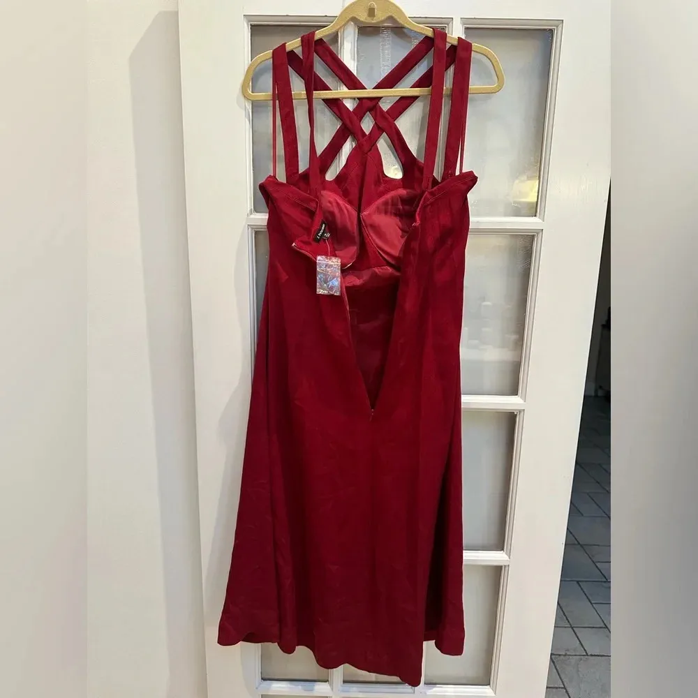 J. Peterman Timeless 100% Silk Criss Cross Halter Midi Formal Dress Size 14 NWT Red - Image 5