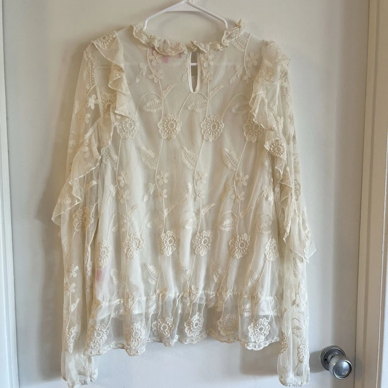 Catherine Malandrino Ivory Foral Mesh Ruffle Blouse Long Sleeve Peasant Sz XL - Image 3