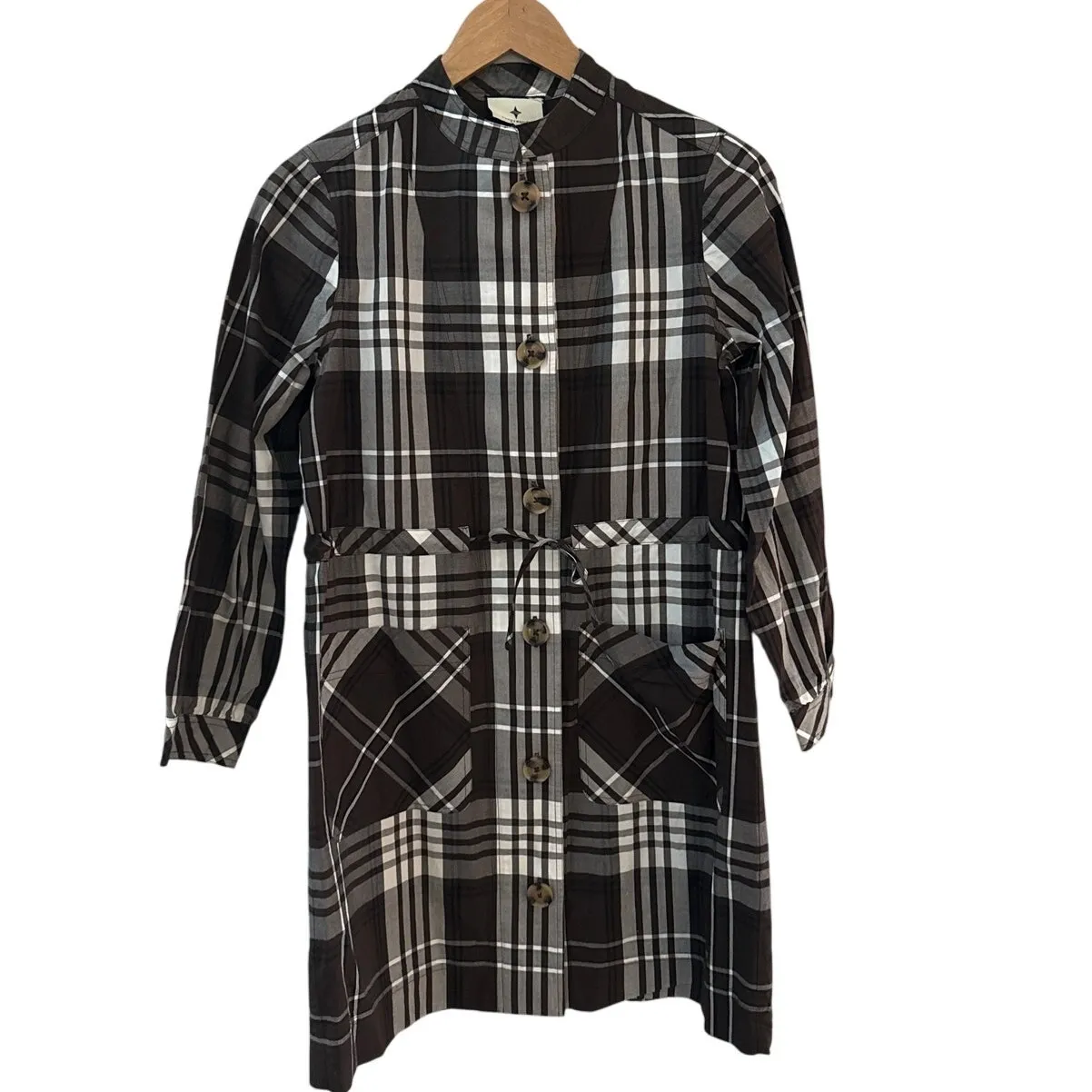 Tuckernuck Cedar Check Crosby Dress Button Front Pockets Tie Waist Size XS Brown - Image 6