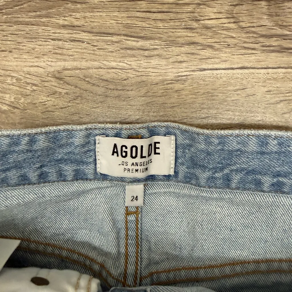 AGOLDE Criss Cross Denim Mini Denim Jean Skirt Light Wash Distressed Fray Hem 24 - Image 6