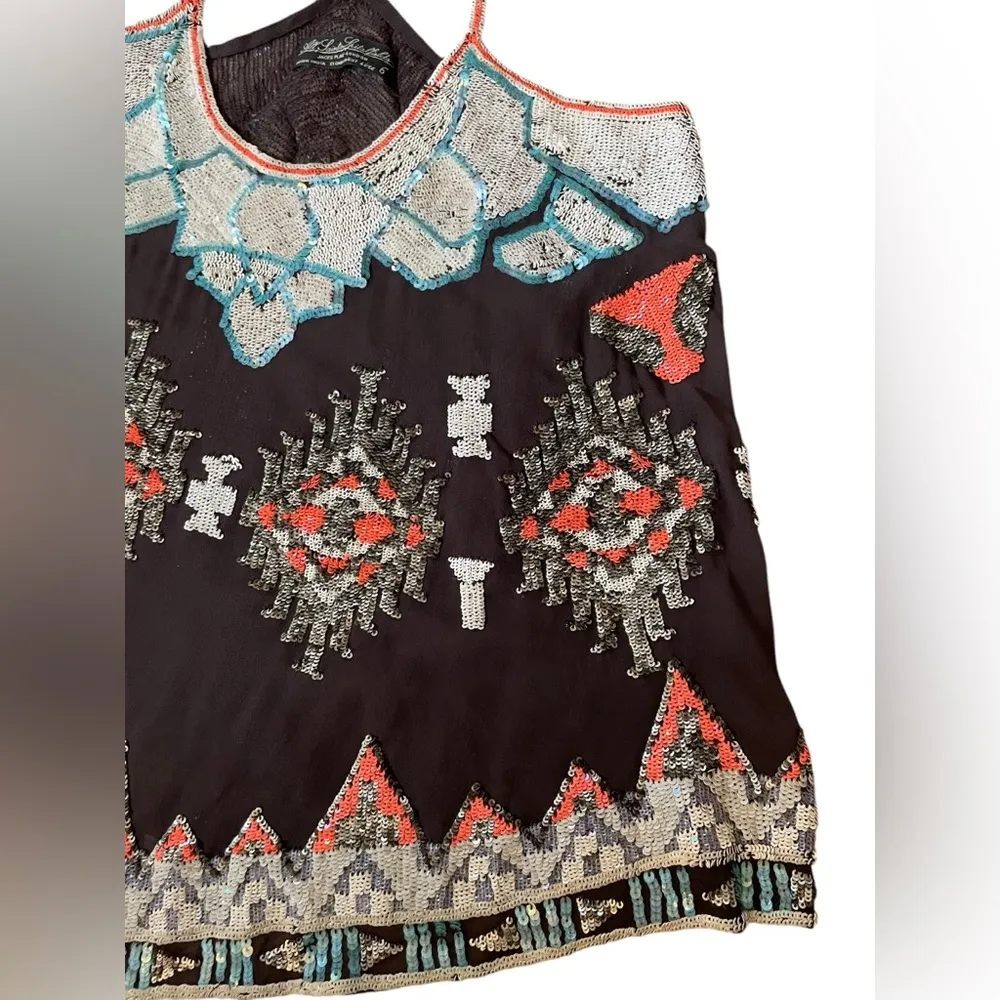 All Saints Spitalfields Luxe Sheer Silk Sequin Native American Southwestern Top - Image 4