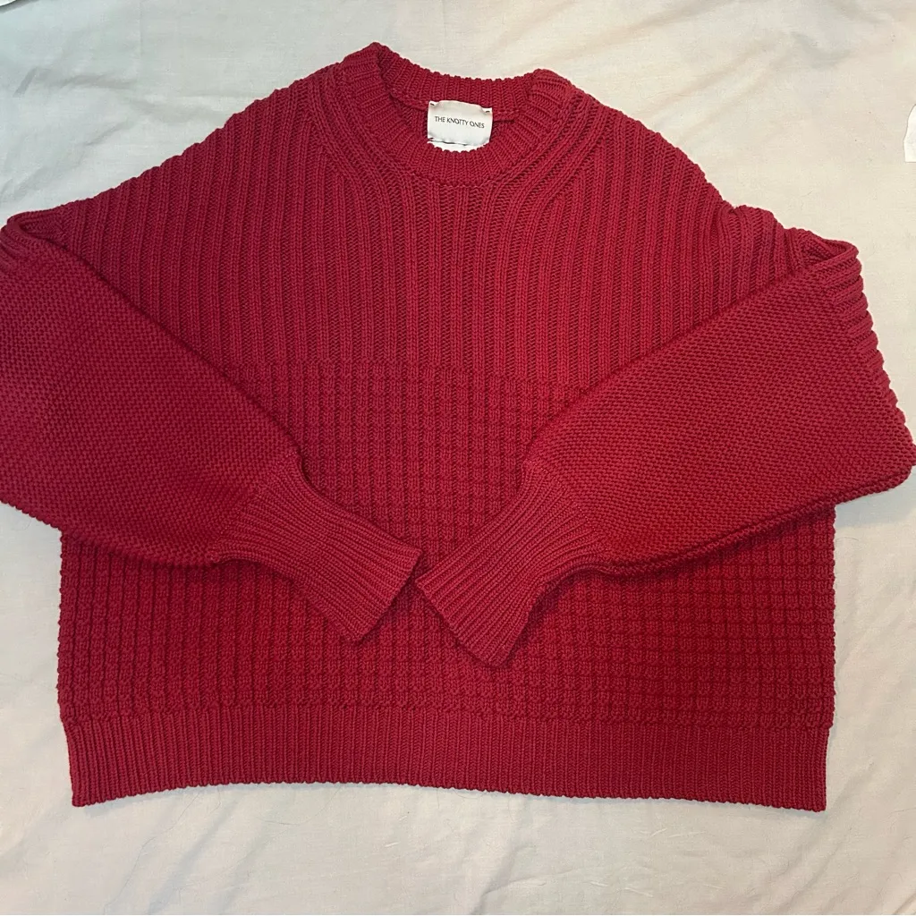 The Knotty Ones Delcia Organic Cotton Sweater Raspberry One Size Chunky Knit Pink - Image 5