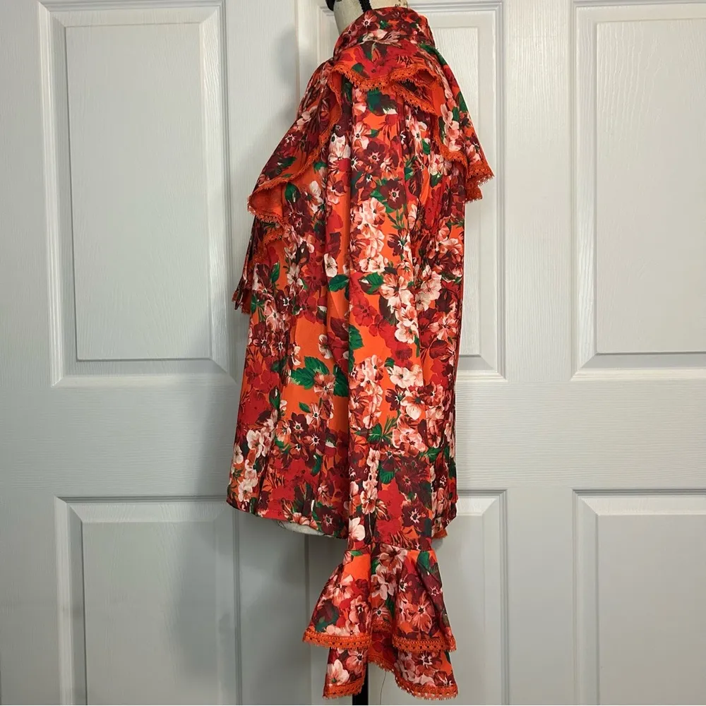 New York & Company Long Sleeve Floral Ruffle Bell Sleeve Blouse Orange - Image 8