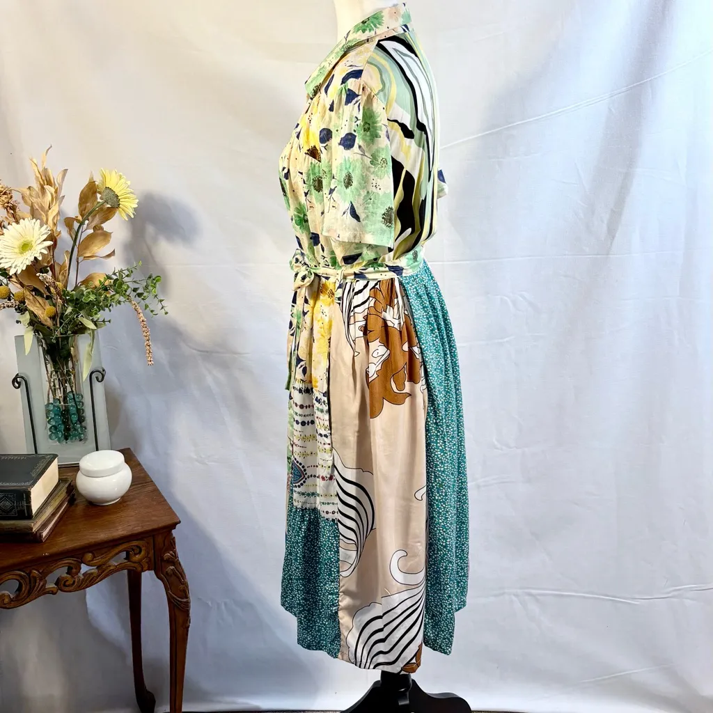 Yak & Yeti Patchwork Floral Button Front Midi Dress Size Medium🧡 Green - Image 7