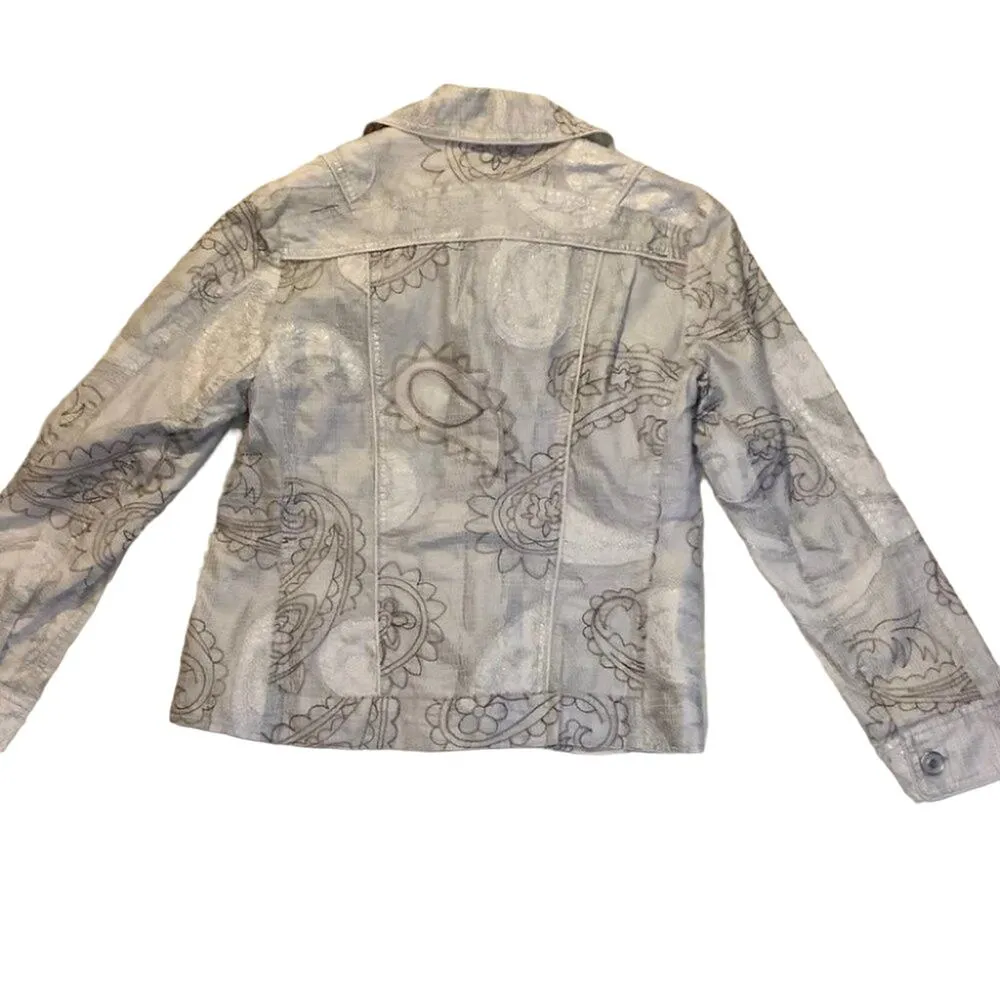 Chicos Paisley Cotton Silver Button Blazer Shiny 0 Small Medium Career - Image 6