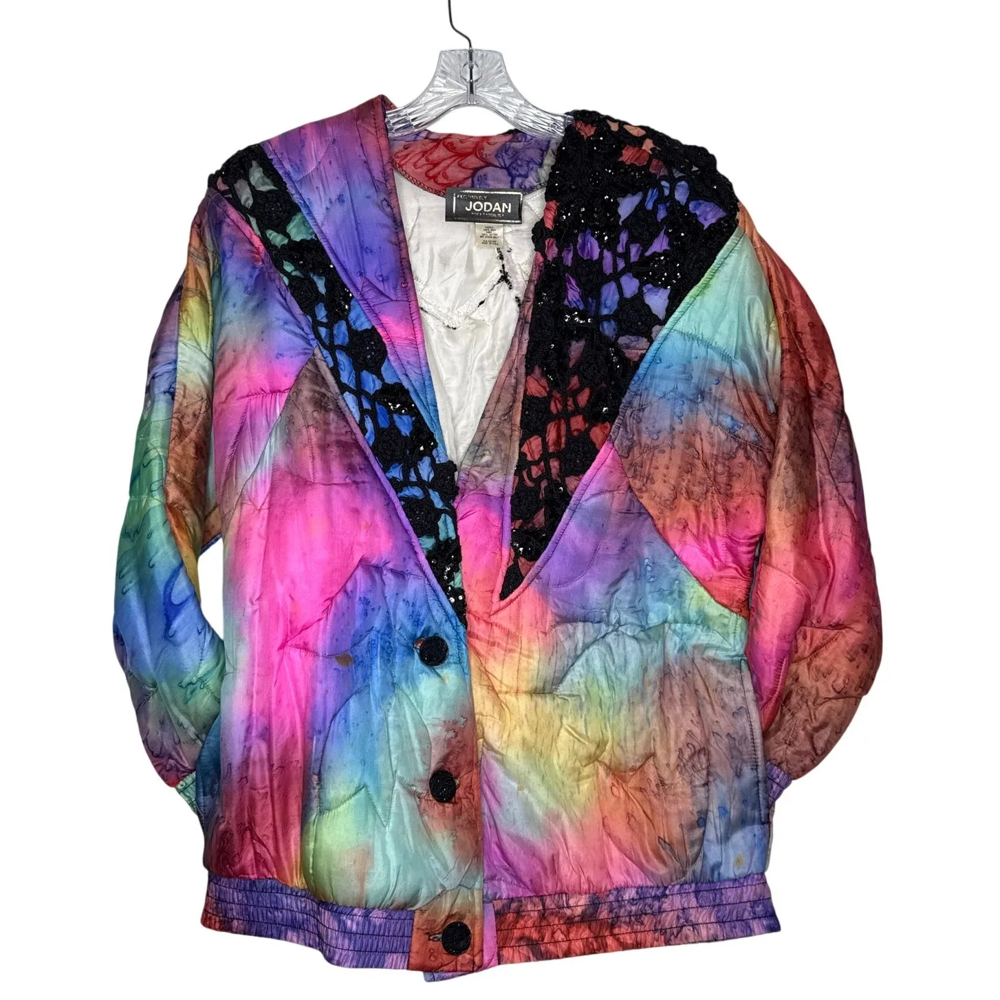 1980s–90s Jordan Silk Quilted Jacket Abstract Artwear Lace USA Large - Image 3
