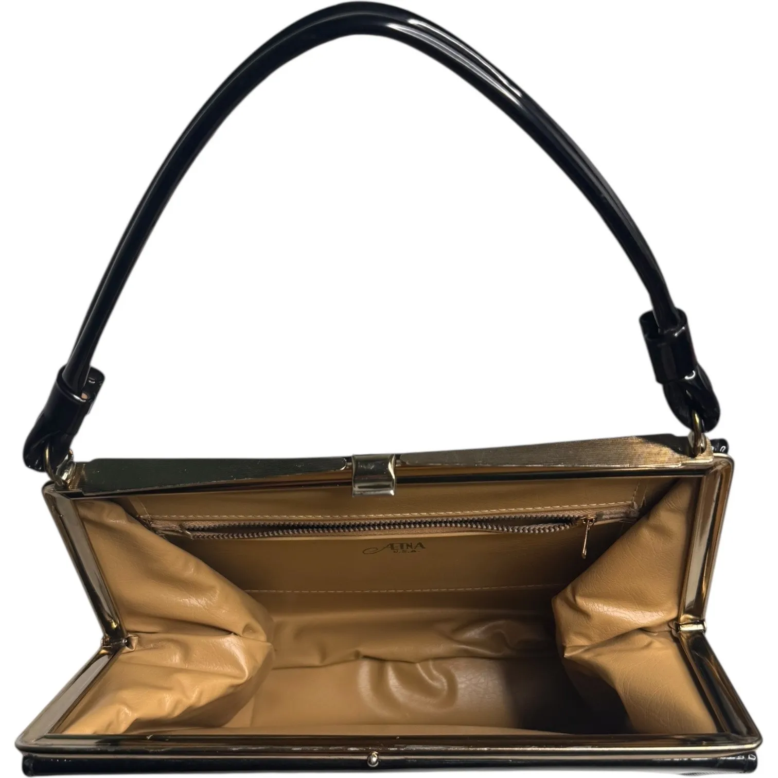 Vintage Aetna Black Patent Leather Box Purse 1960s Structured Frame Handbag - Image 7