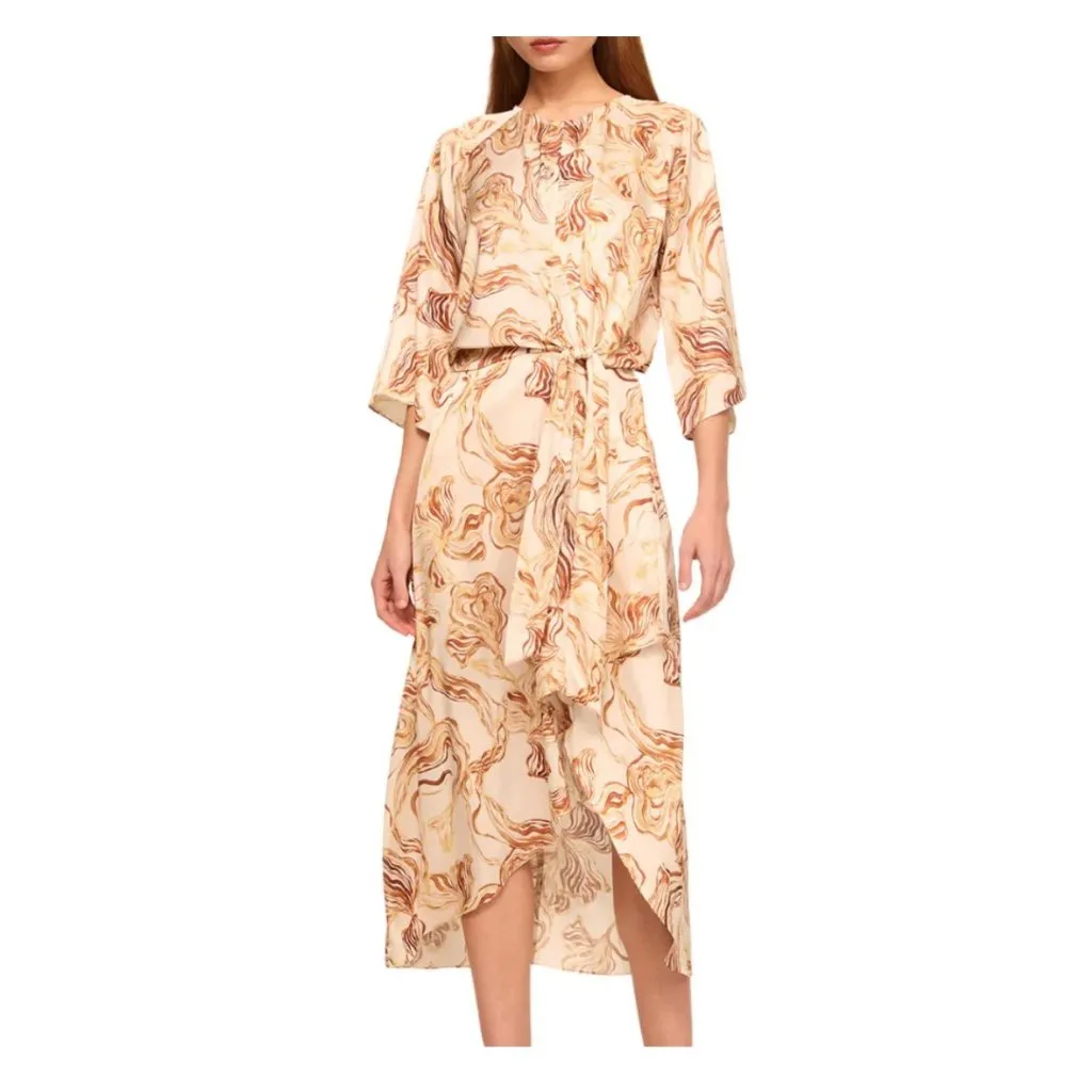 Misa Adina Dress in Golden Straw Satin Midi Tulip Hem 3/4 Sleeve S - Image 3