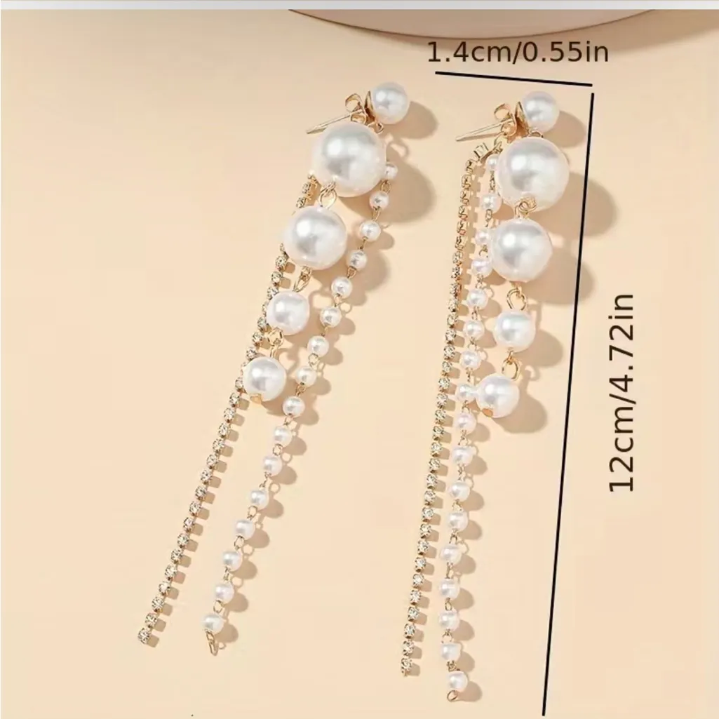 Faux Pearl Shiny Rhinestone Chain Tassel Design Dangle Earrings‎ Elegant White - Image 6
