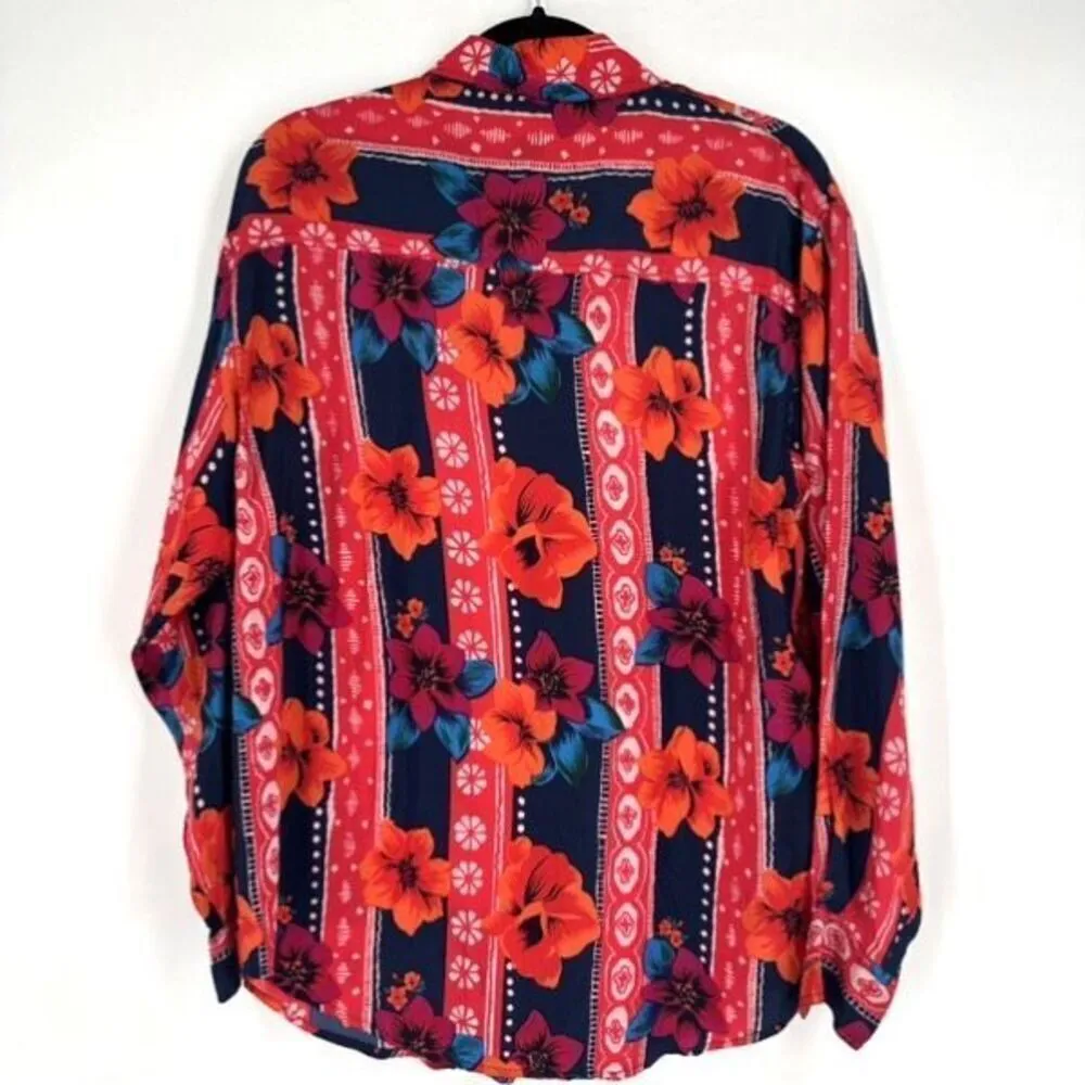 Vintage Daniel Caron Womens Floral Tropical Silk Button - Image 2