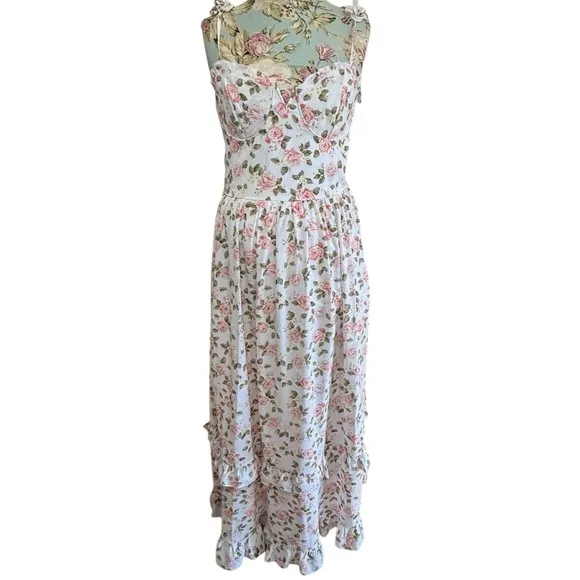 West of Melrose Floral‎ Print Maxi Dress Tiered Ruffle Milkmaid Cottage Sz M White Size M - Image 2