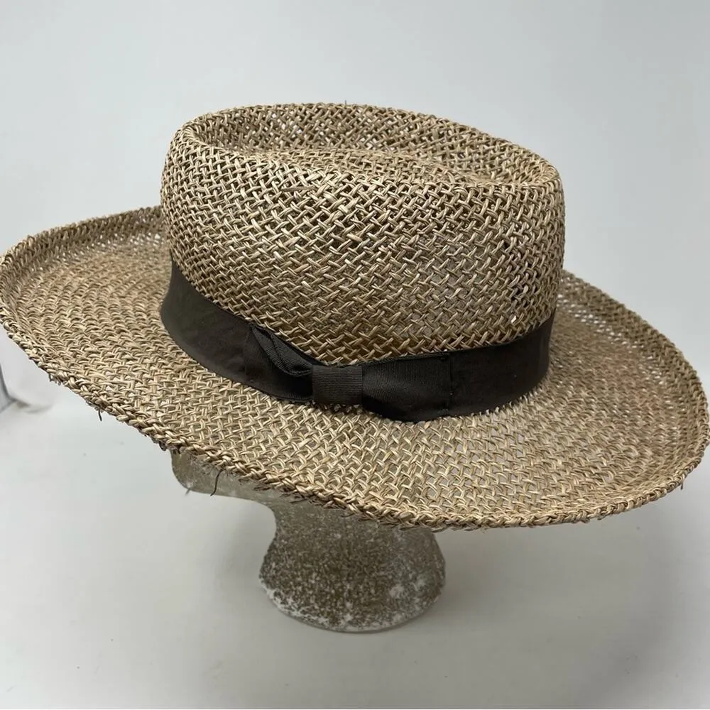 Vintage Henschel Hat Co Lightweight Sheer Classic Straw Boater Bow Sun Hat L Tan - Image 3