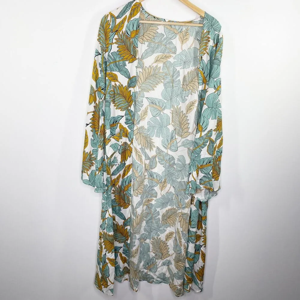 Palm Tree Tropical Print Open Front Cardigan Long Duster One Size Boho Hippie Blue - Image 7