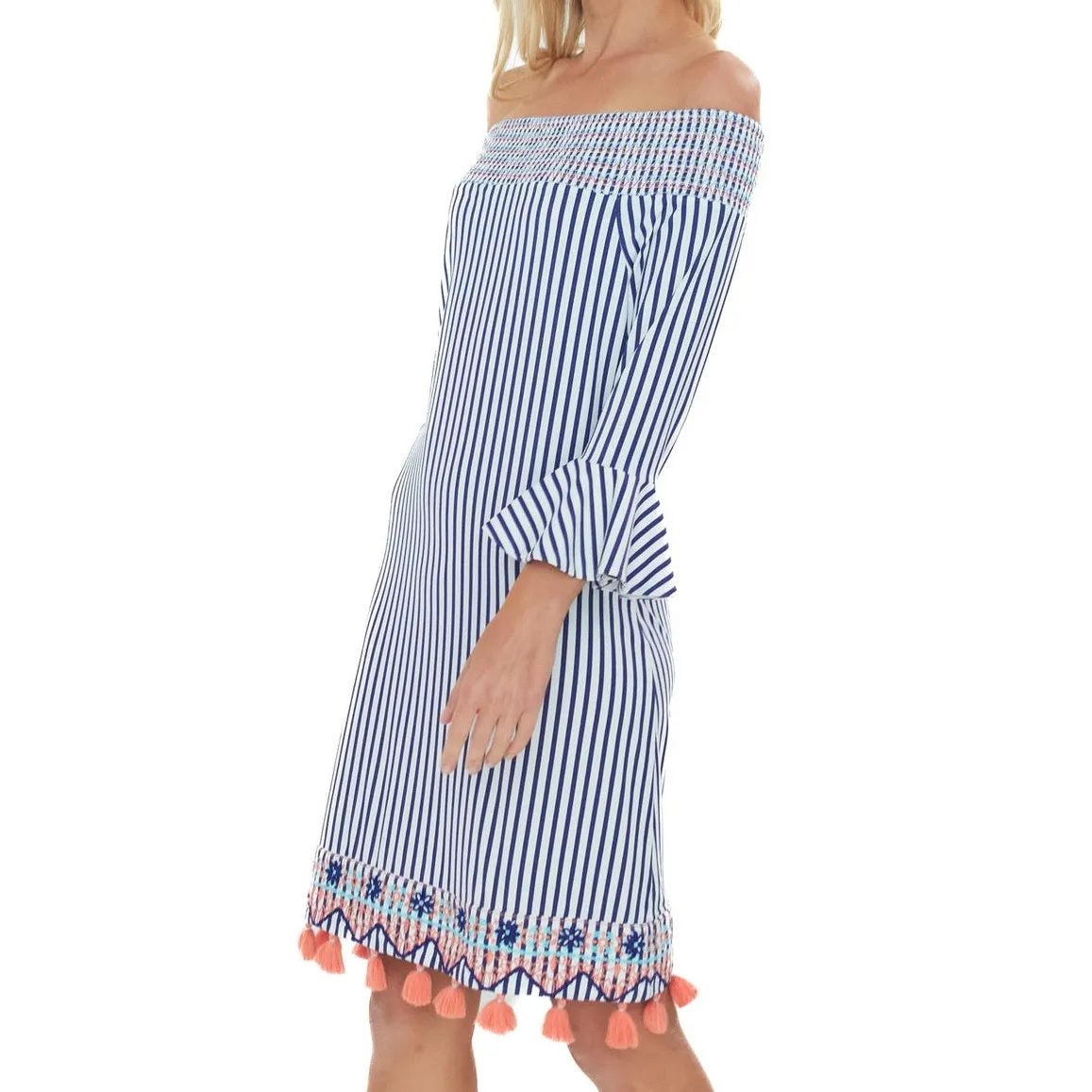 Cabana Life St Barts Off the Shoulder Dress Womens S Blue White Striped Beach - Image 3