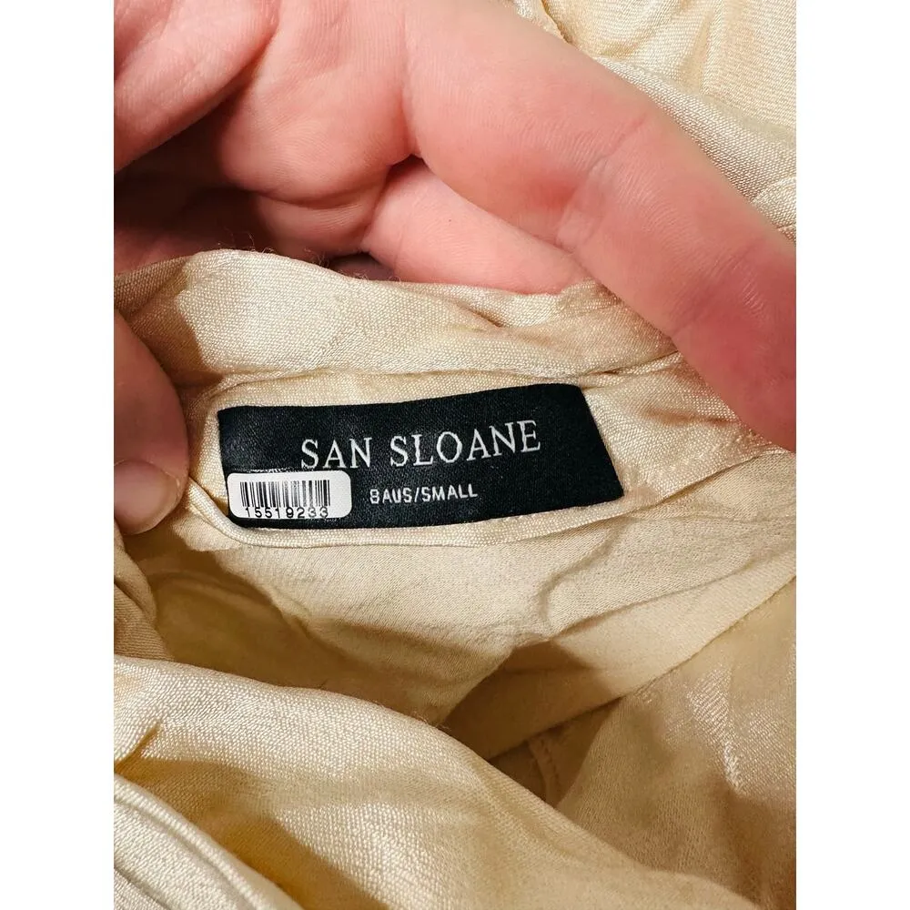 SAN SLOANE Green Cream Drapey Open Back Slip Style Cowl Neck Zita Midi Dress XS - Image 7