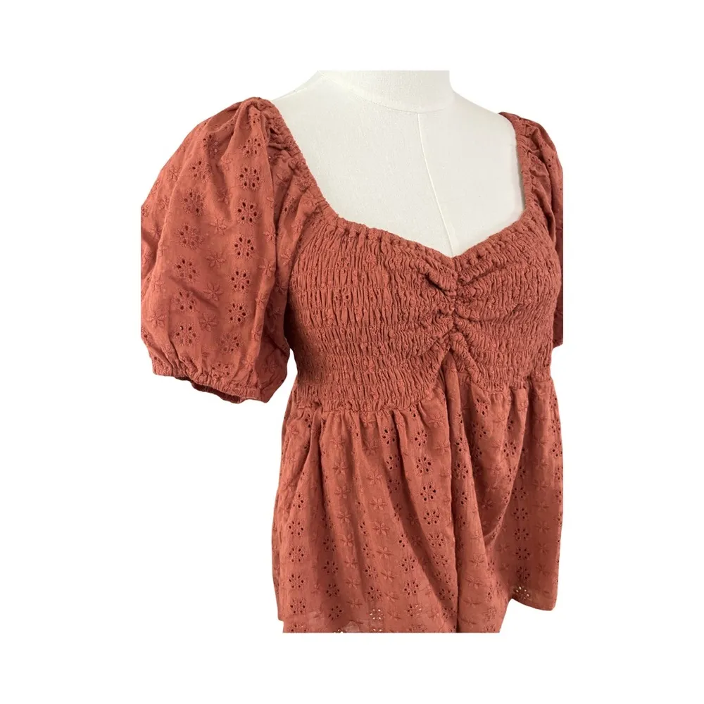 Baevely Rust Eyelet Puff Sleeve Peplum Top Women’s Size Large Orange - Image 2