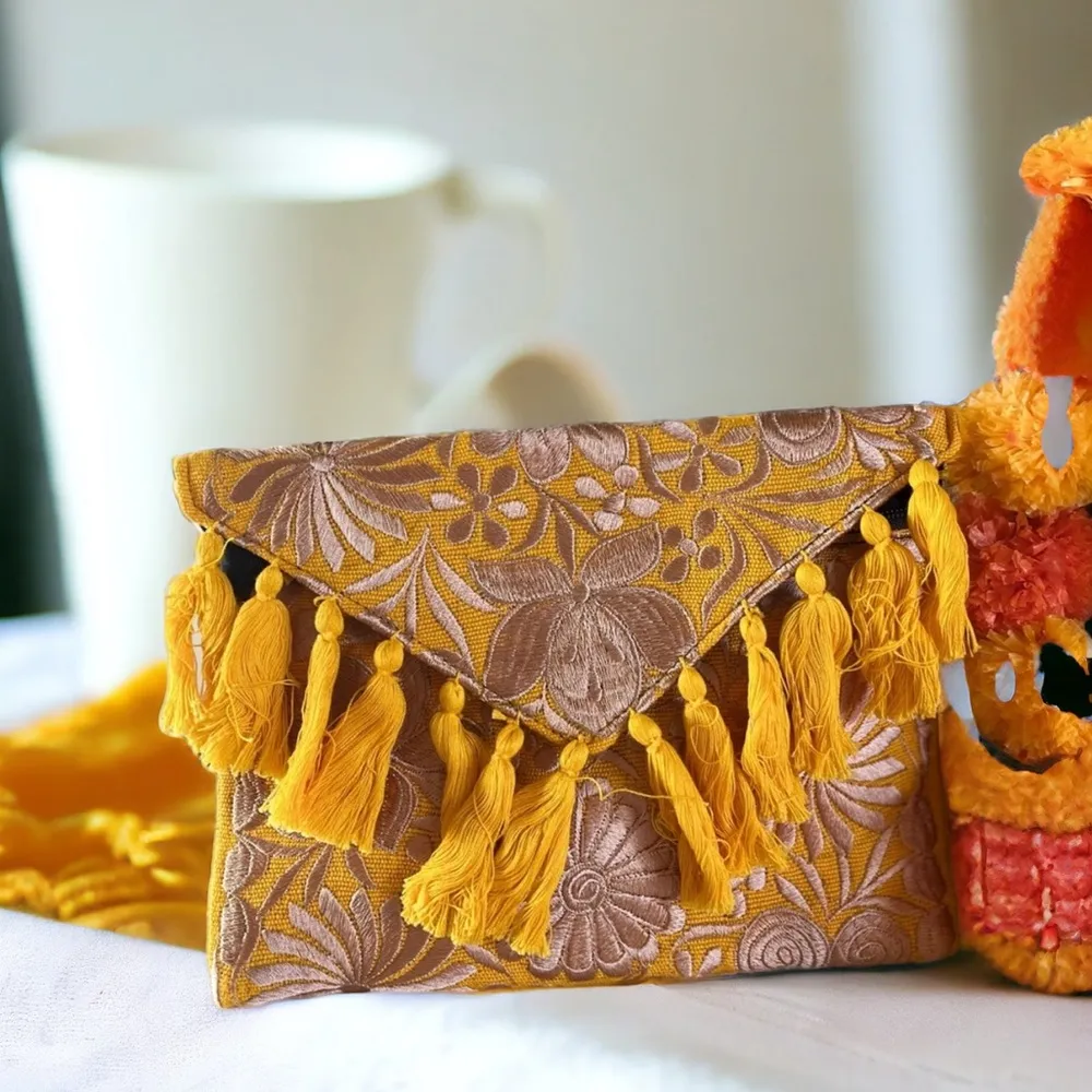 NEW Embroidery Purse Boho Floral Purse Clutch Envelope Bag Tassel Yellow - Image 3