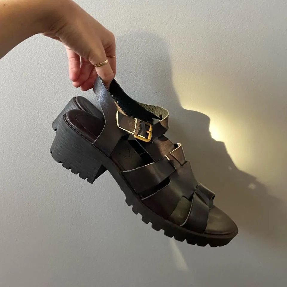 Y2K brown faux leather chunky fisherman sandals 🔥 Black Size 9 - Image 2