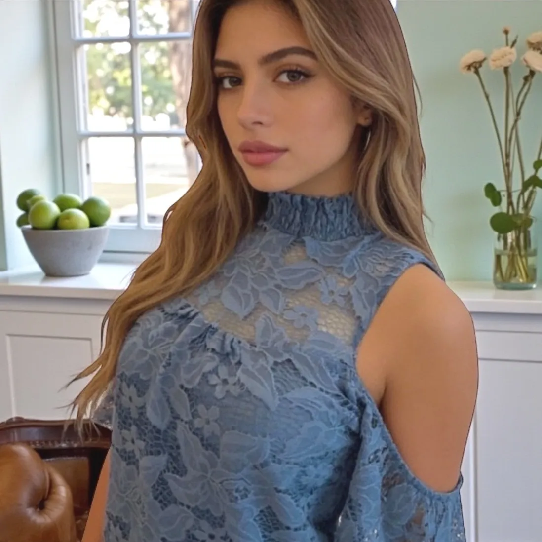 G Collection Lace Cold Shoulder Mock Neck Blouse Slate Blue Size L Size L - Image 2