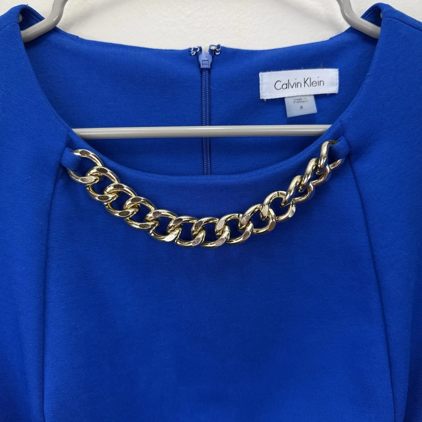 Calvin Klein Royal Blue Gold Chain Necklace Sleeveless Ponte Sheath Dress Size 8 - Image 8