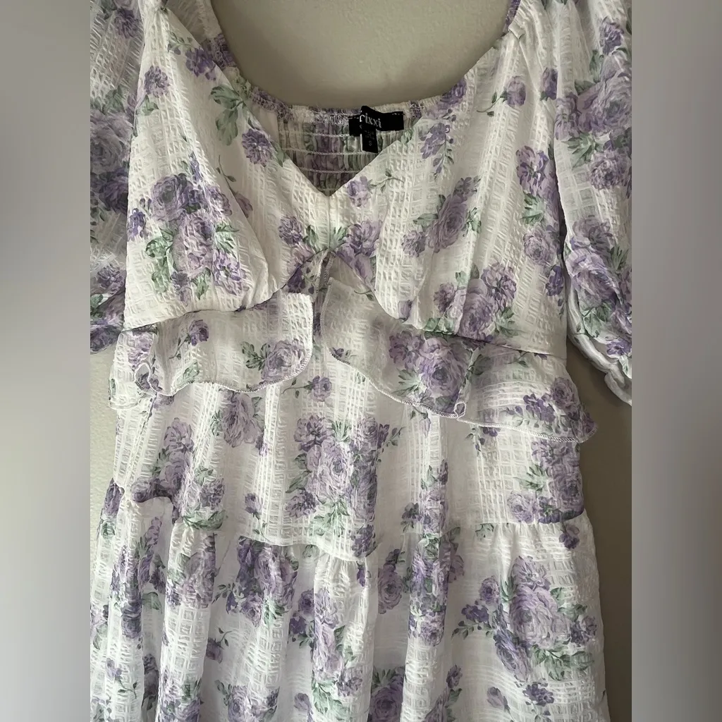 Trixxi Los Angeles White Purple Floral Puff Sleeve V-Neck Dress Size Small - Image 5