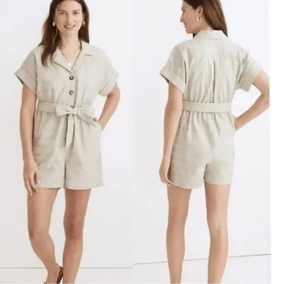 Madewell Seersucker Green Camp Romper - Image 2