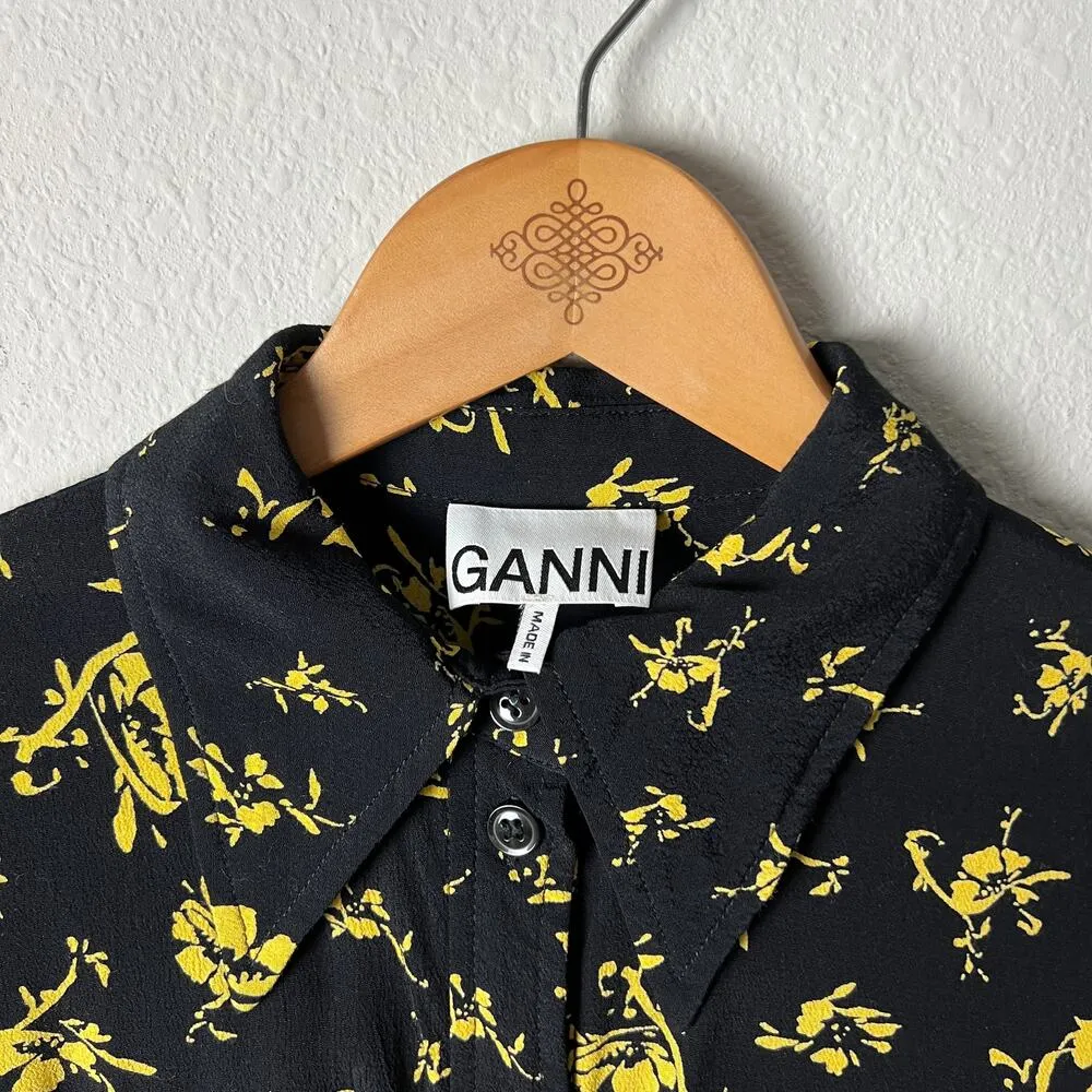 ganni black yellow floral print crepe collared button shirt dress - Image 7