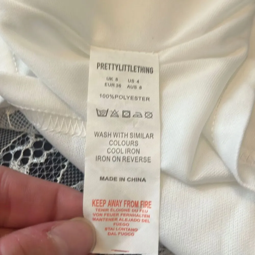 PrettyLittleThing White Lace Deep Plunge Long Sleeve Fit Flare Ruffle Dress Sz 4 - Image 5