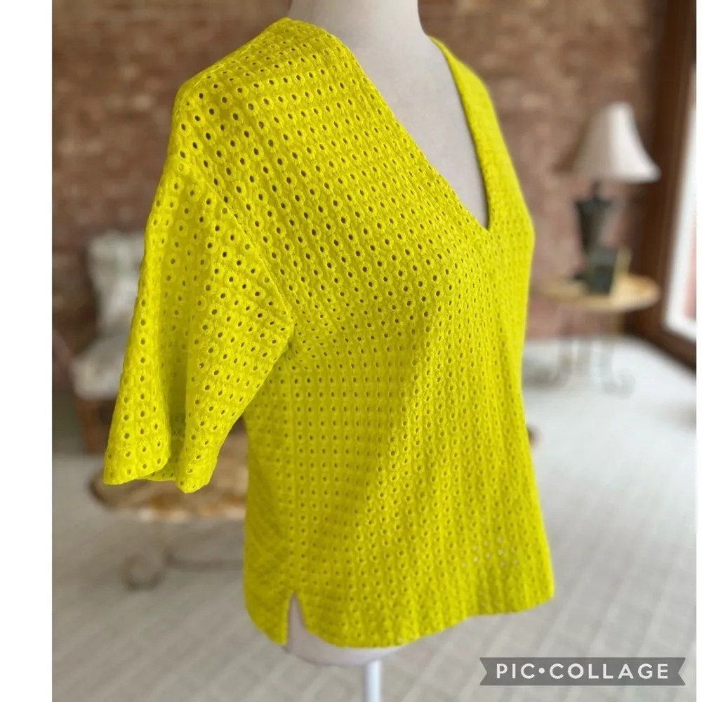 Theory Nolani Top Neon Embroidered Eyelet Short Sleeve Yellow XS V-Neck Bright - Image 9