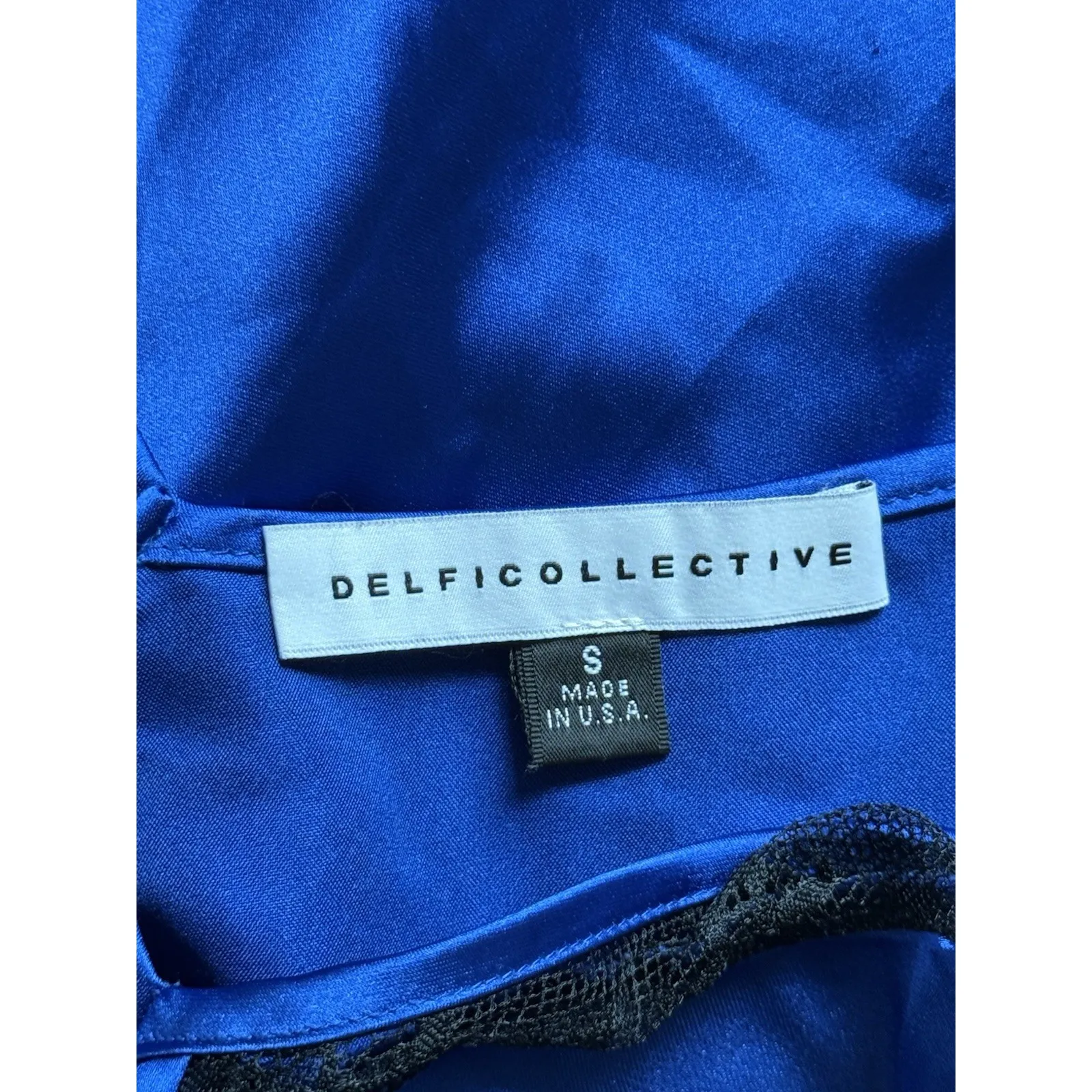Delfi Collective Alexis Dress Size Small Blue Satin Black Lace Panels Slip Maxi - Image 4