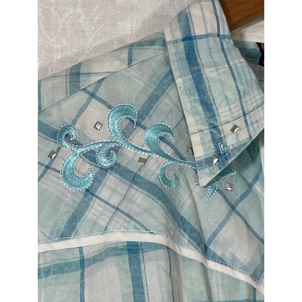Cowgirl Up Pearl Snap Large NEW Blue Plaid Embroidered Studded Western - Image 5